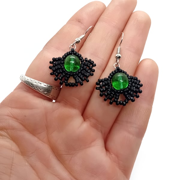 Green and black lace beaded earrings
