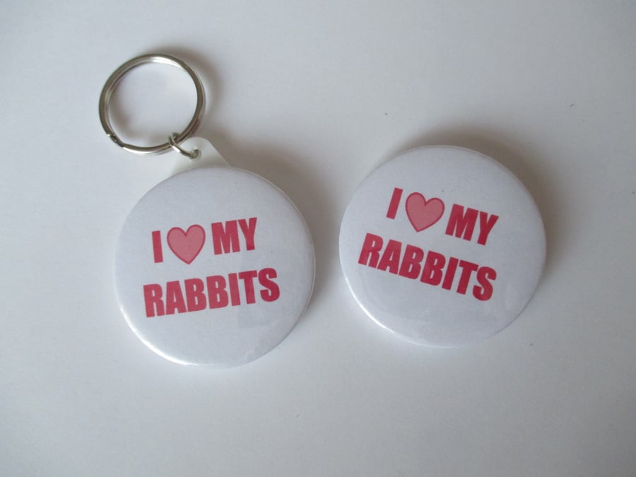Keyring Bunny Pin Badge Set Text Gift Key Ring Rabbit Badge Pin Set Love Heart