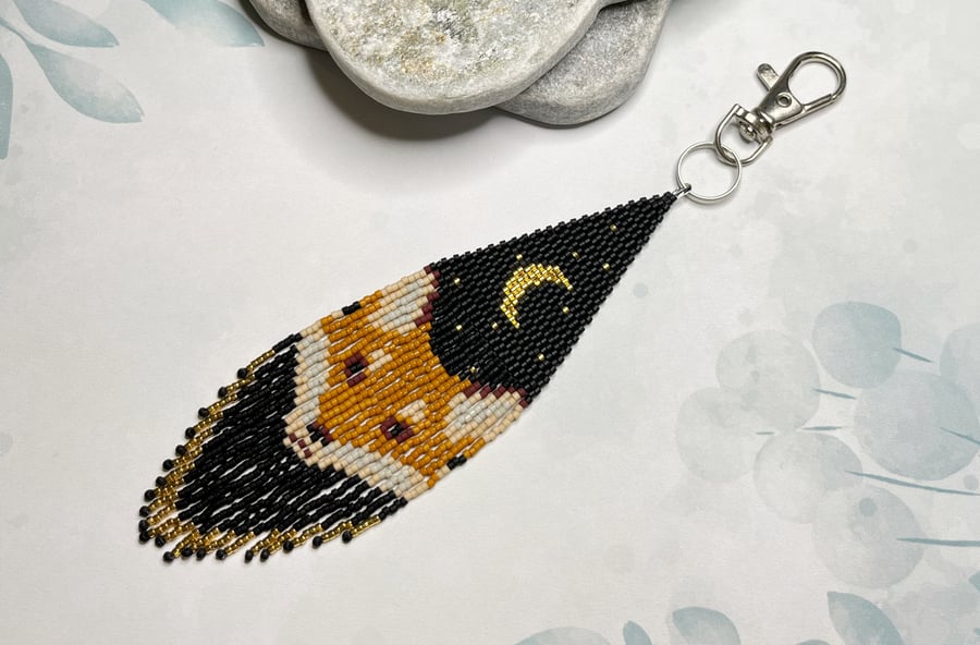 Long beaded fox fringe bag charm with crescent moon