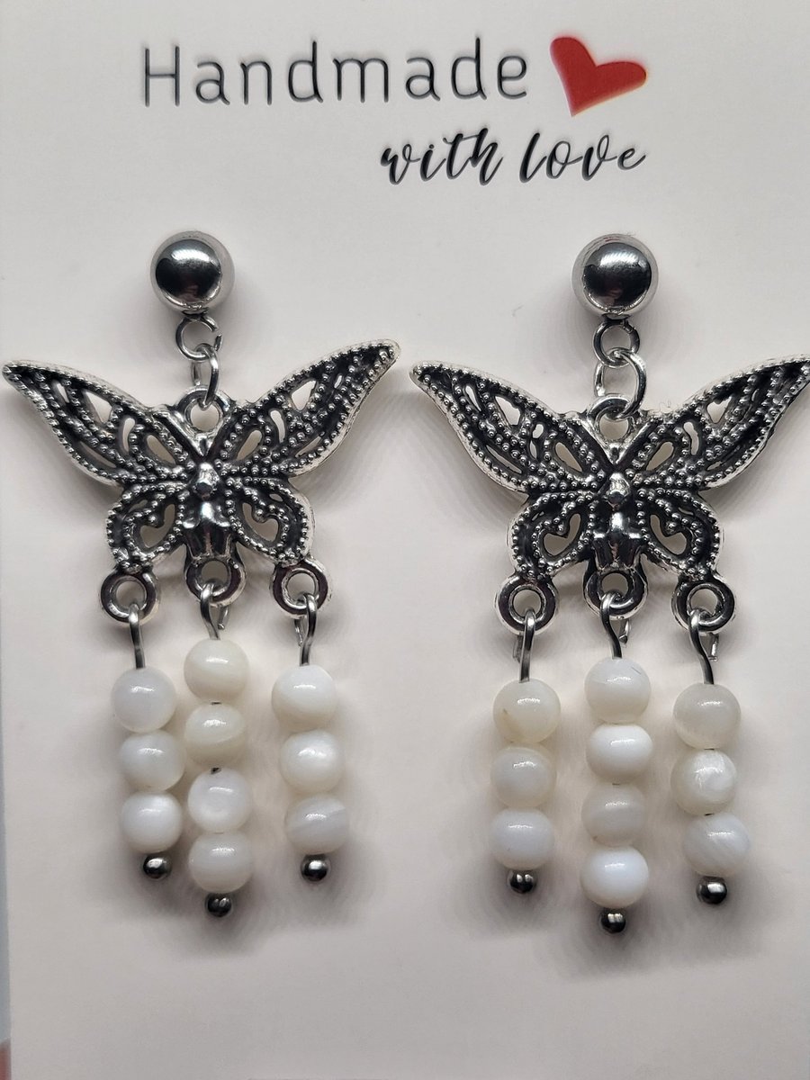 Freshwater Pearl Butterfly Earrings Stainless Steel Studs Handmade