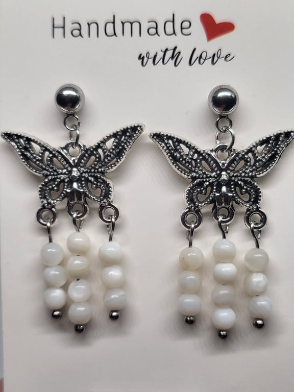Freshwater Pearl Butterfly Earrings Stainless Steel Studs Handmade