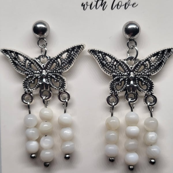 Freshwater Pearl Butterfly Earrings Stainless Steel Studs Handmade