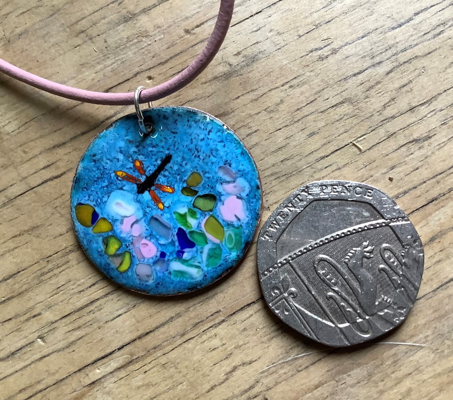 Blue enamelled copper round dragonfly pendant on pink leather cord