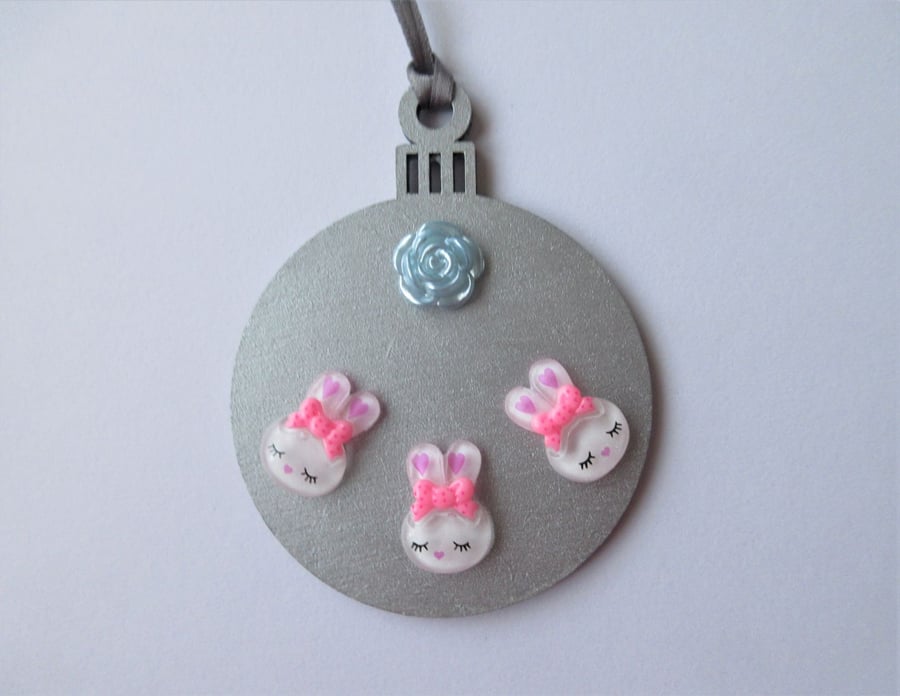 Bunny Rabbit Hanging Decoration Christmas Tree Bauble Pink Silver