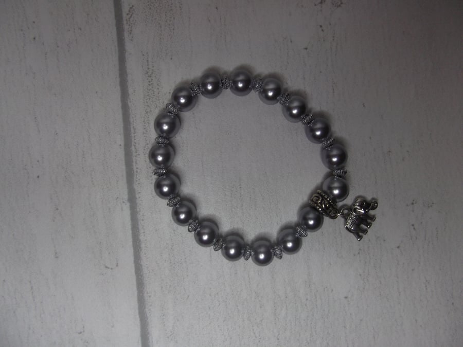 Silver grey beaded bracelet with Elephant charm