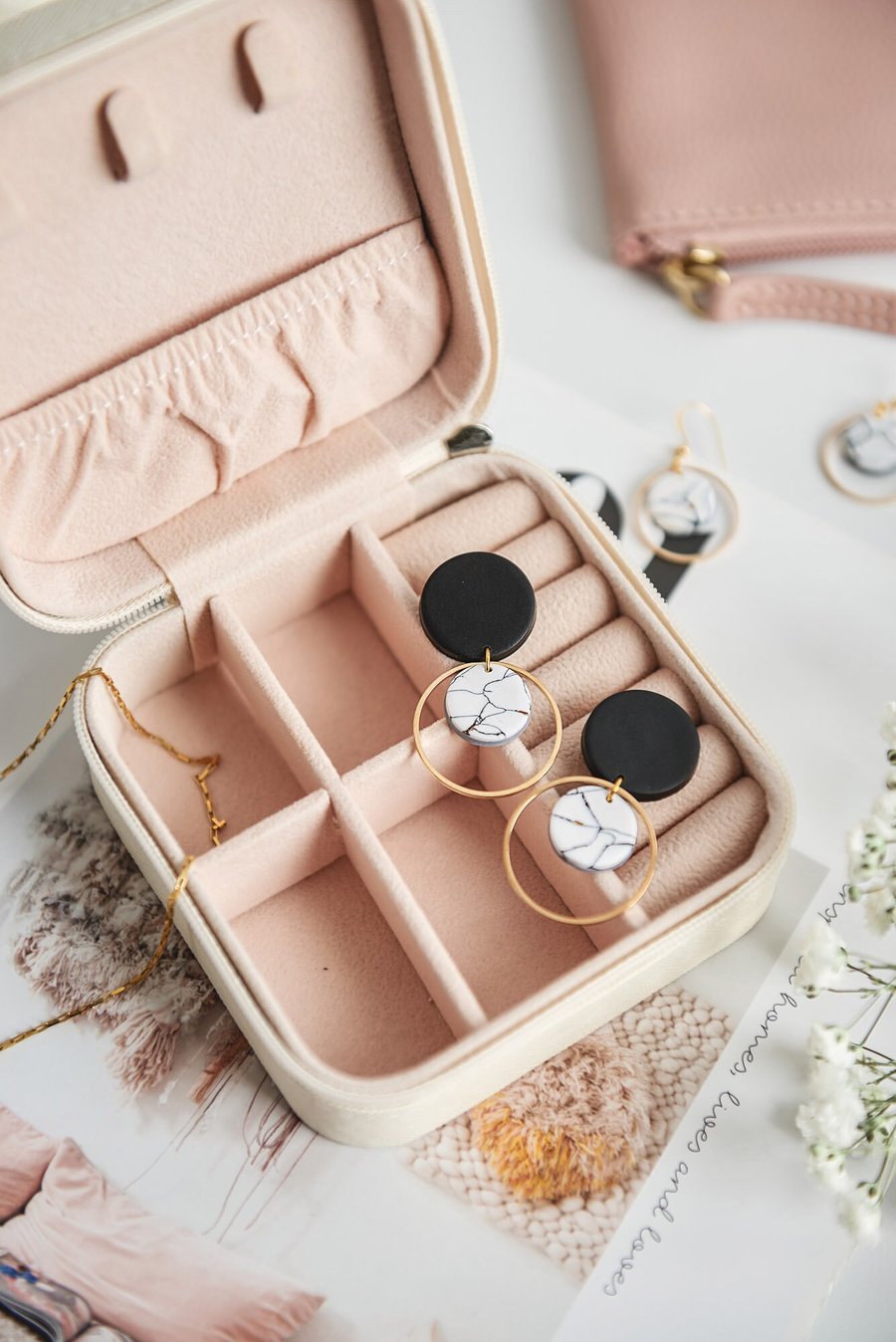 ANGELA Statement Earrings in Black with Marble Style Pattern