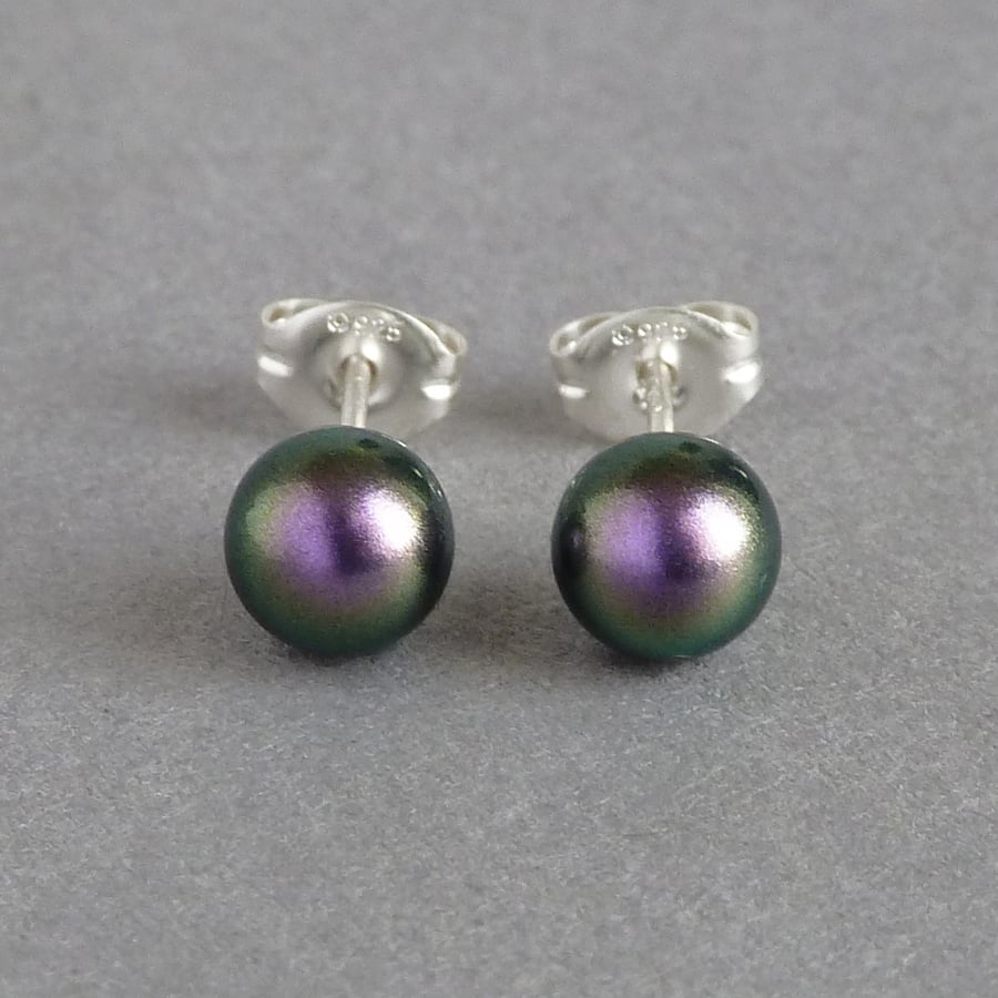 6mm Dark Purple Swarovski Pearl Stud Earrings - Round Iridescent Mulberry Studs