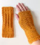 Fingerless Gloves Mittens Wrist Warmers in Mustard Tweed Aran Wool - Image 1