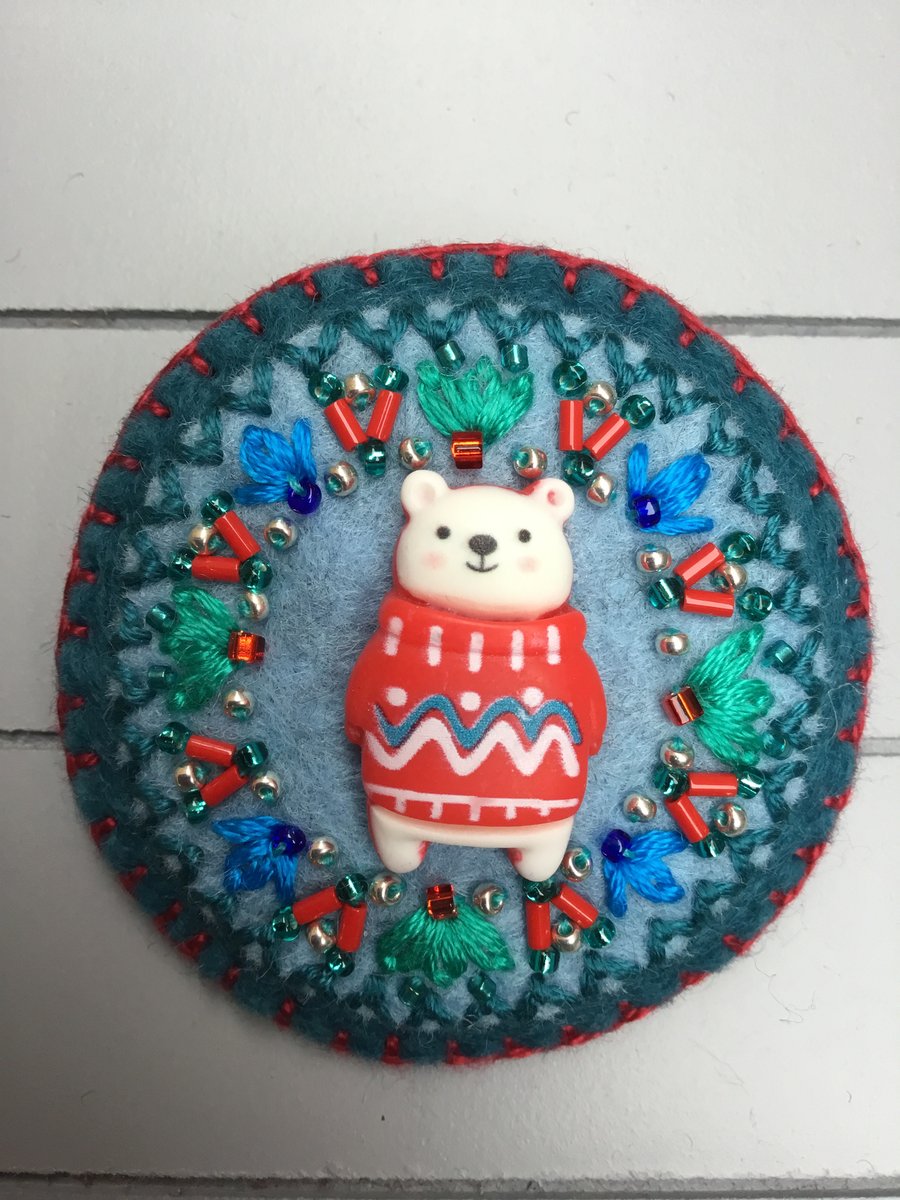 Hand Embroidered Polar Bear Brooch