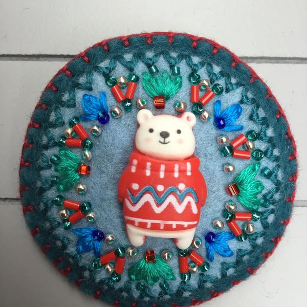 Hand Embroidered Polar Bear Brooch