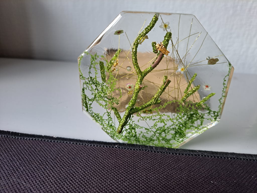 Handmade Octagon Resin Coaster – Submerged Branch, Green Botanical Scene 