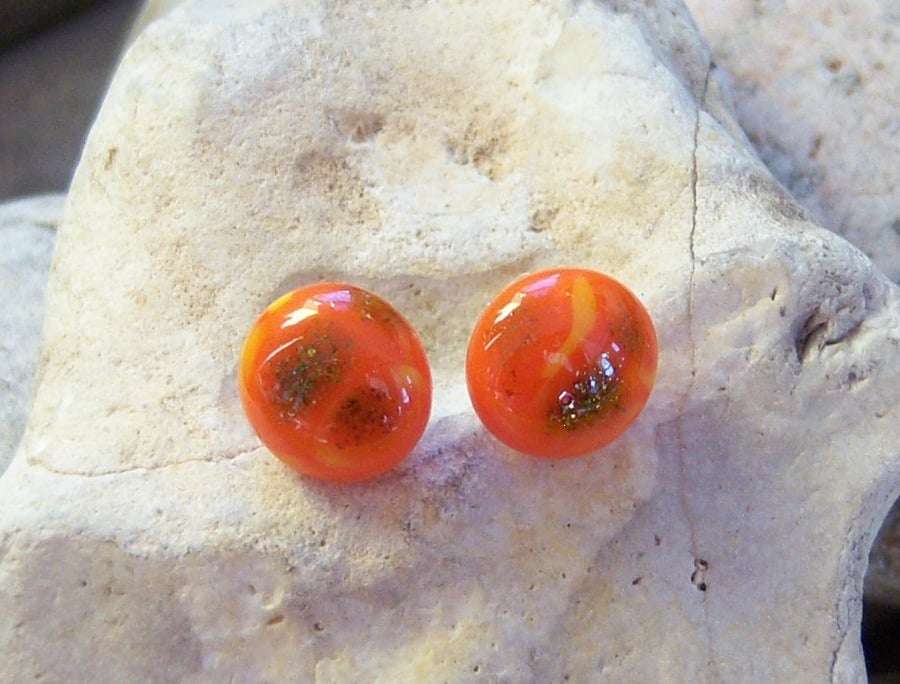 Orange with green glass stud earrings