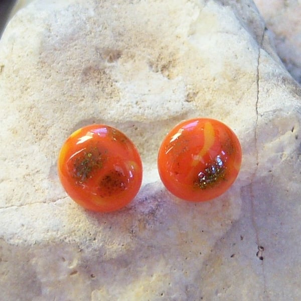 Orange with green glass stud earrings