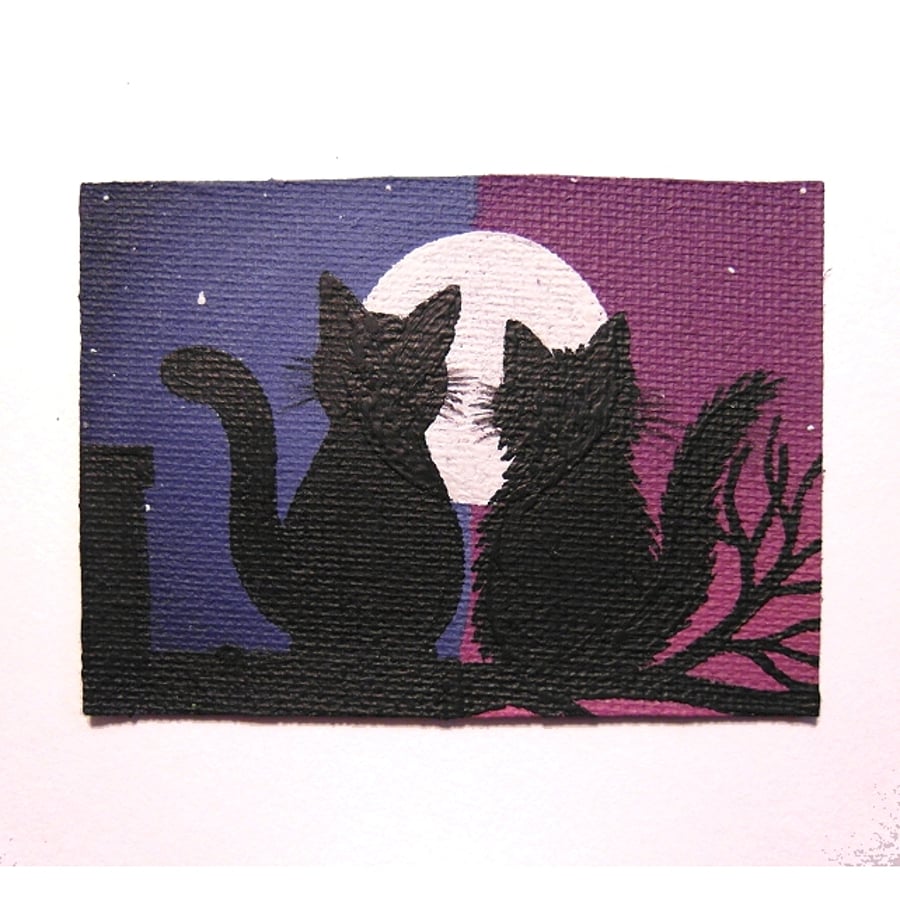 Cats in Long Distance Love ACEO - Perfectly Imperfect Small Acrylic Art