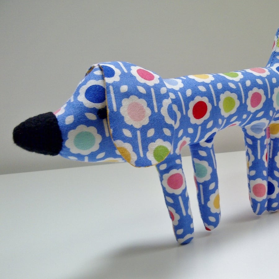 Handmade Retro Pocket Puppy Plush, Dog Soft Toy in Blue Retro Flower Fabric 