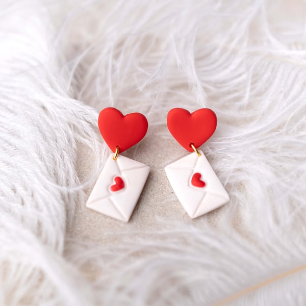 Red Heart Stud Earrings: Polymer Clay Love Letter Dangles