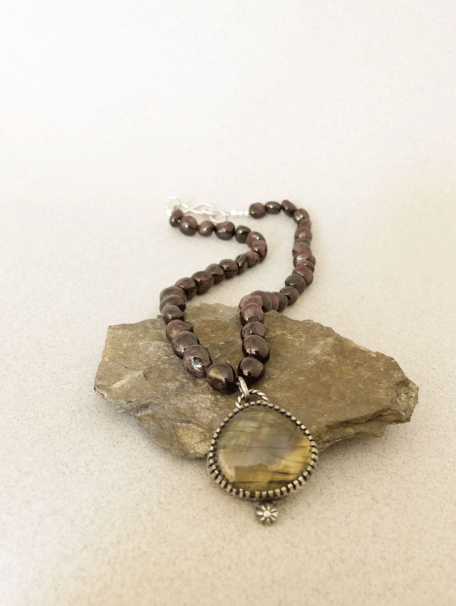 Garnet Necklace with Labradorite Pendant 