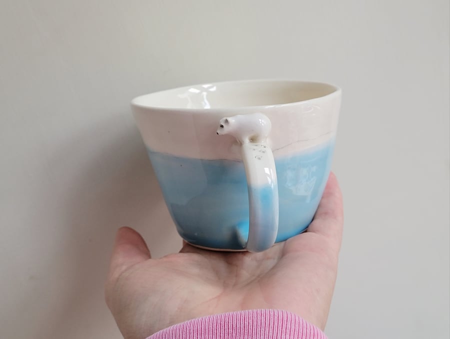 Blue handmade to ORDER ceramic polar bear cup with tiny bear & pawprints