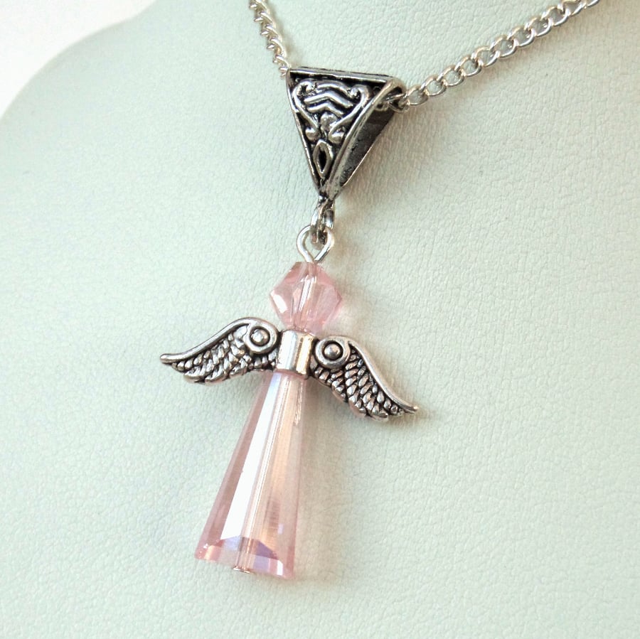 Angel necklace with pink crystal, lovely gift for best friend