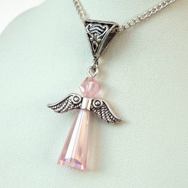 Angel necklace with pink crystal, lovely gift f... - Folksy