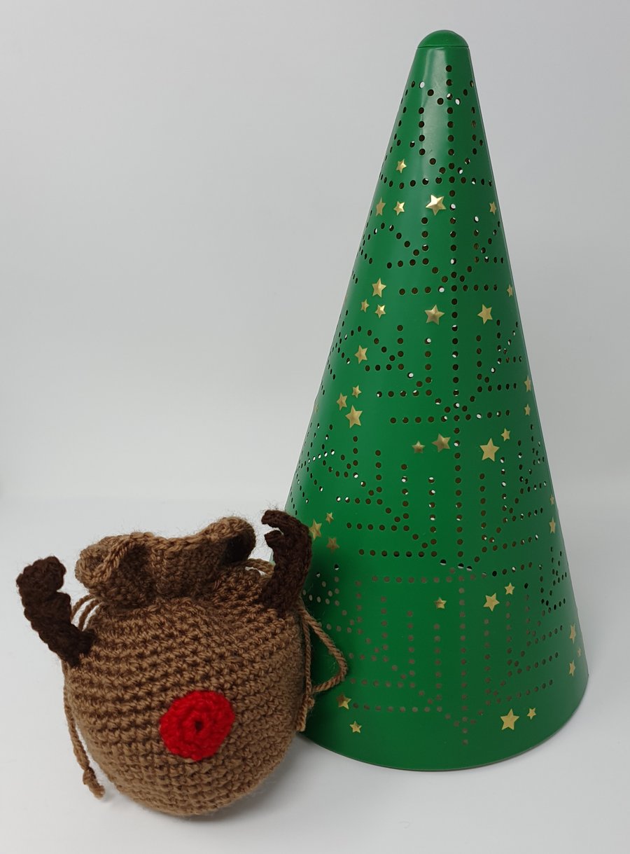 Drawstring Crochet Gift Bag - Reindeer 