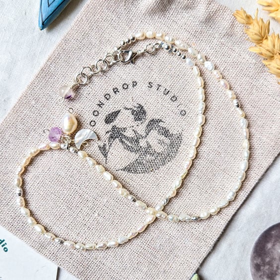 Freshwater Rice Pearl & Amethyst Gemstone Necklace, Crescent Moon Necklace 