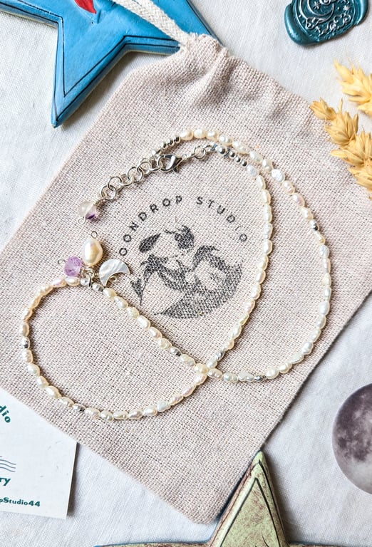 Freshwater Rice Pearl & Amethyst Gemstone Necklace, Crescent Moon Necklace 
