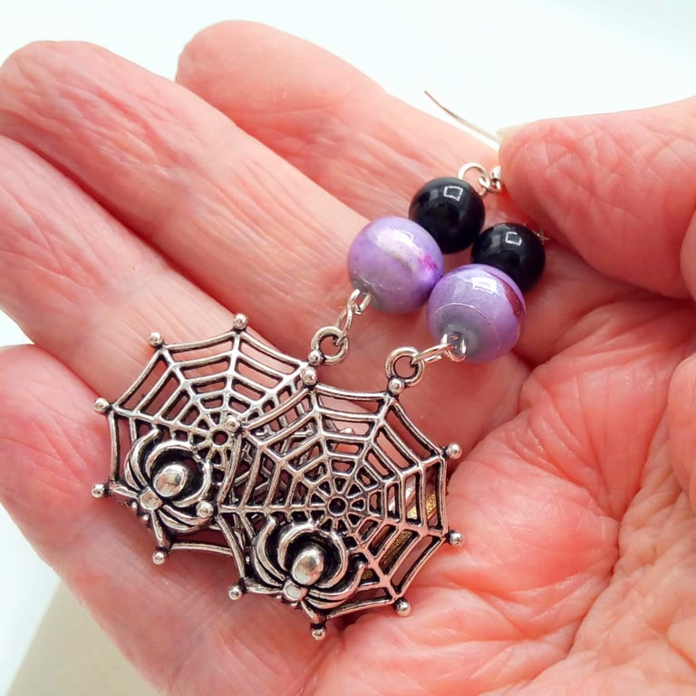 Silver Plated Spider's Web Earrings with Choice of Bead Colours, Spider Earrings
