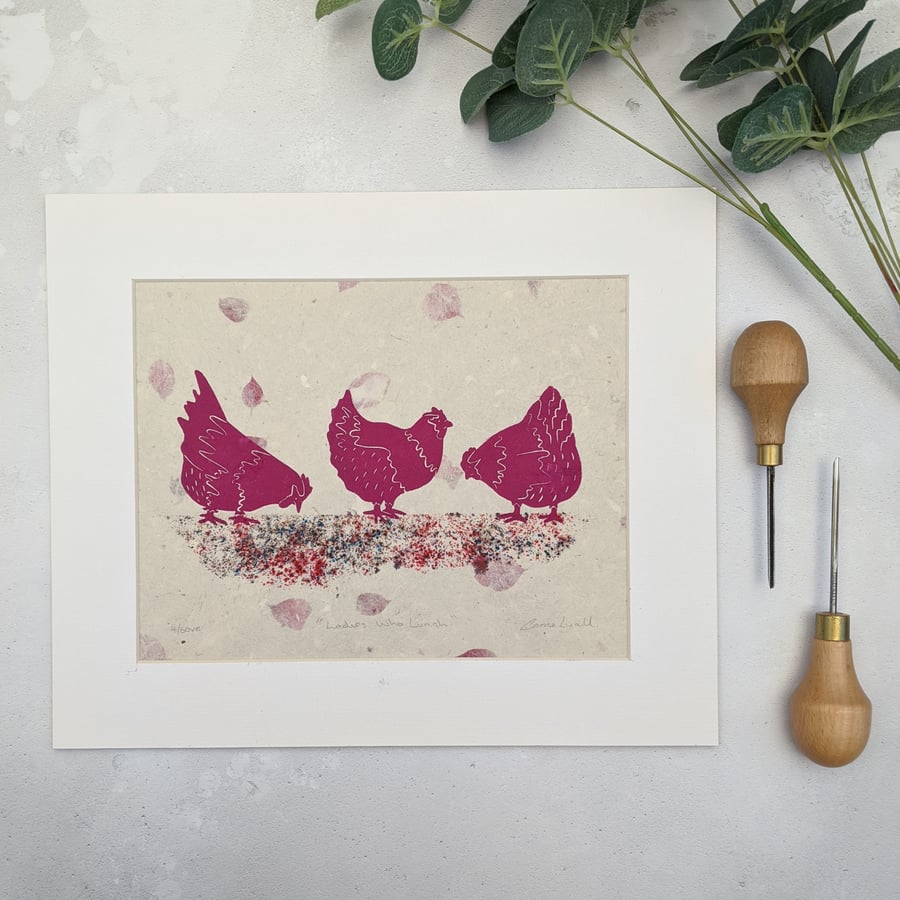 Farmhouse Chicken Linocut Print, Quirky Pink Chicken Print