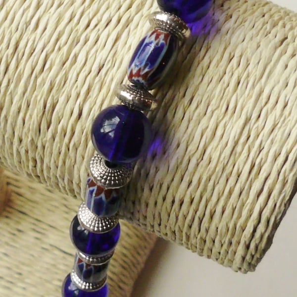 Blue Glass Beaded and Tibetan Silver Bracelet  KCJ332