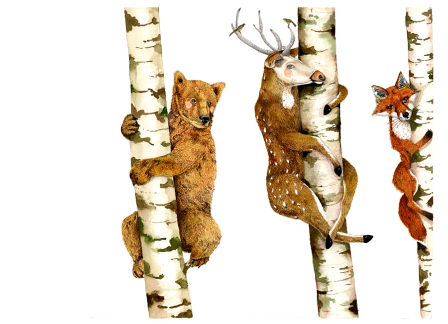  Bear, Deer and Fox  Illustration Archival print A3