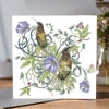 Birds and flowers white greeting card 