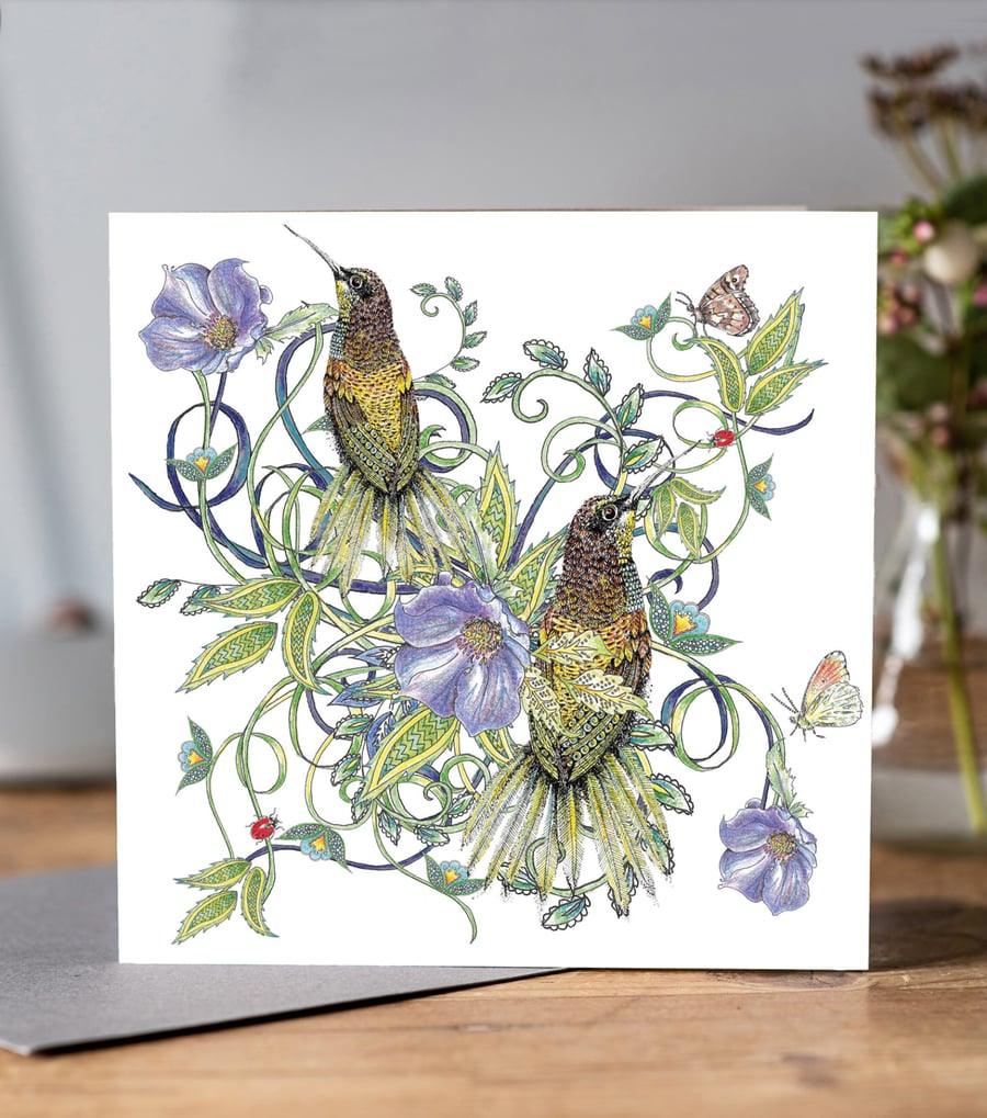 Birds and flowers white greeting card 