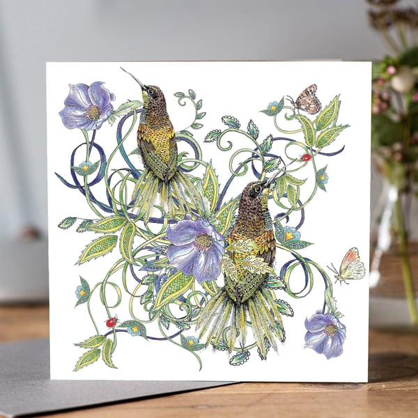 Birds and flowers white greeting card 