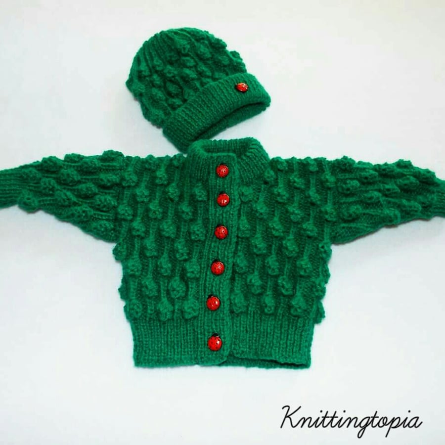 Hand knitted baby green bobble cardigan and matching hat 0 - 6 months