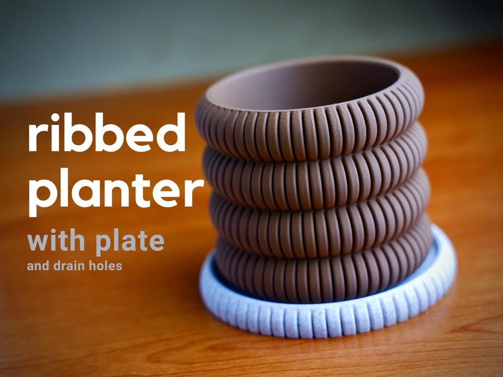 Ribbed Planter with Drainage Plate 3D Printed Modern Minimalist Plant Pot Small 