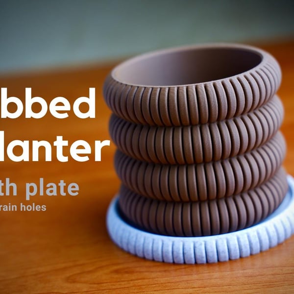 Ribbed Planter with Drainage Plate 3D Printed Modern Minimalist Plant Pot Small 