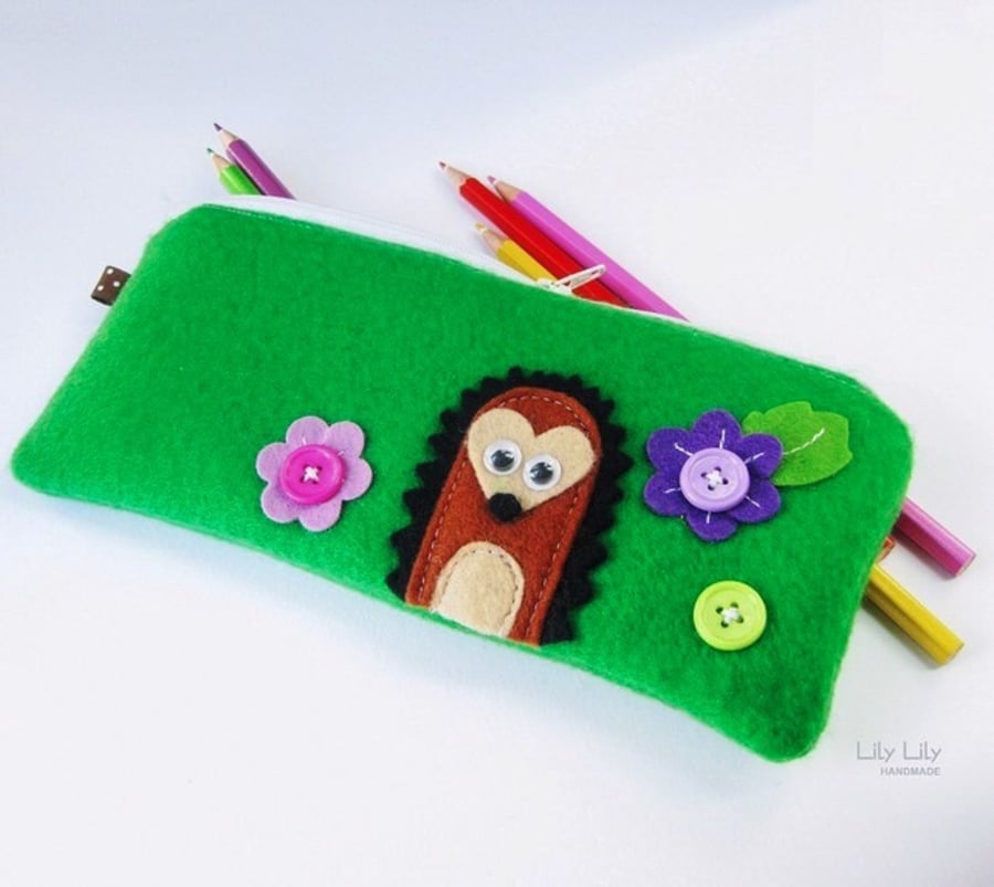 SOLD Pencil case, hedgehog design handmade by Lily Lily Handmade 