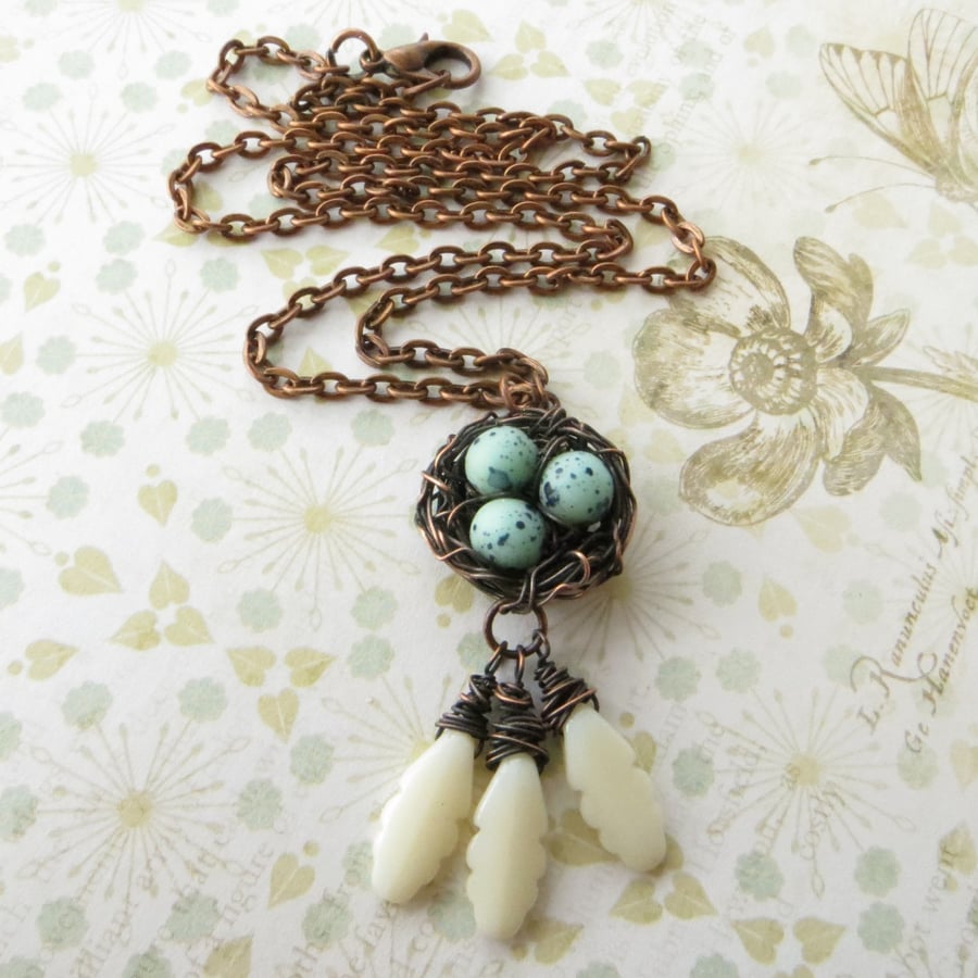 Bird's Nest Pendant - Copper Nest Necklace, Robins Egg Blue, White Feathers