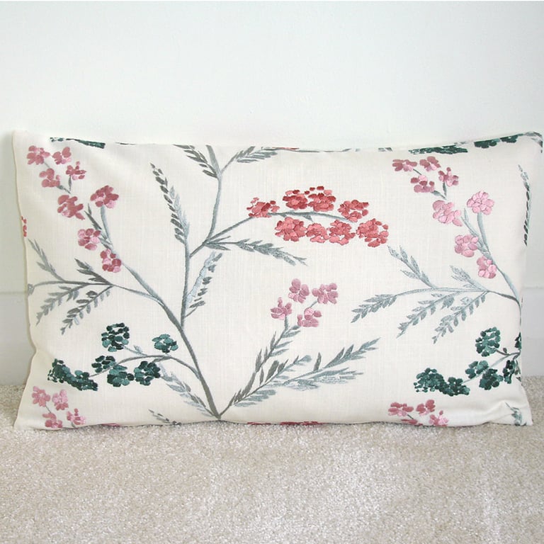 Floral Embroidered Cushion Cover Zipped Oblong Bolster Case 16" x 12" Pink Grey