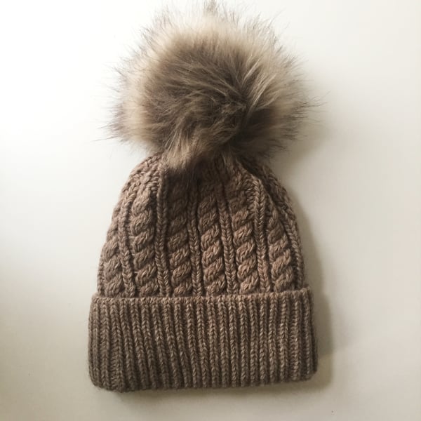 READY TO SHIP Knitted Light Beige Grey Cabled Faux Fur Pompom Hat Beanie