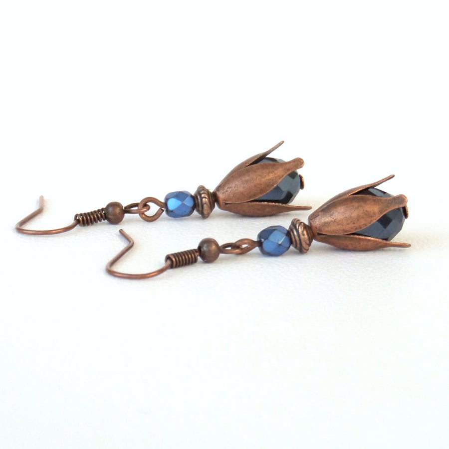 Copper and blue crystal earrings