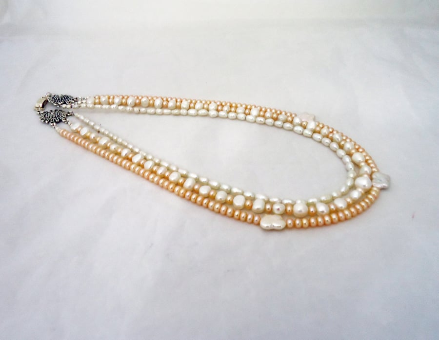 Pearls Multistrand Necklace, Statement Pearls Necklace, White and Peach Pearls