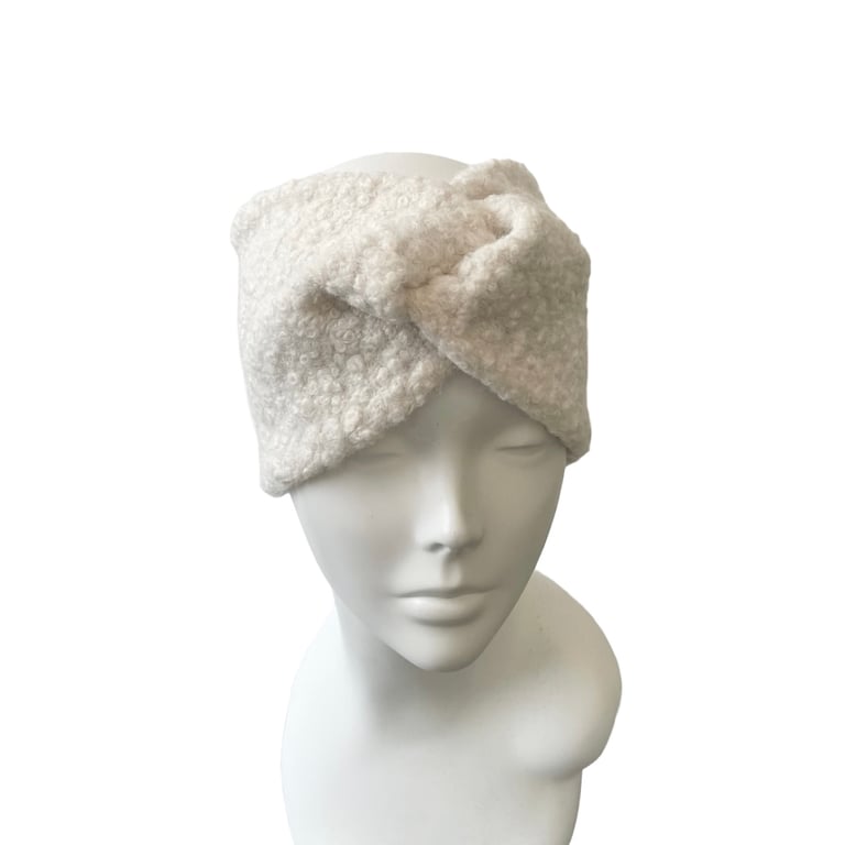 Satin lined ear warmer headband Natural off white boucle fleece chunky headwrap 