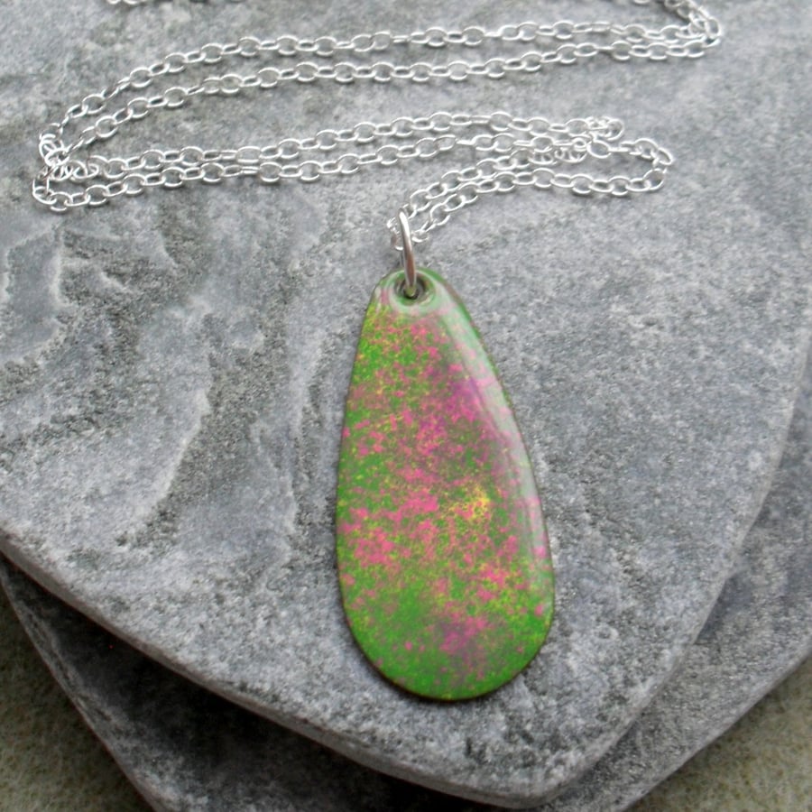 Green Pink and Yellow Enamel Pendant With Sterling Silver Chain Seconds Sunday