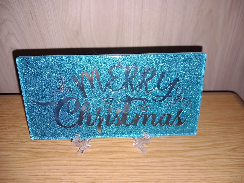 Merry Christmas Glitter Subway Tile Decorative Tile on Stand Festive Home Decor
