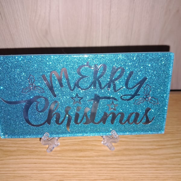 Merry Christmas Glitter Subway Tile Decorative Tile on a Stand