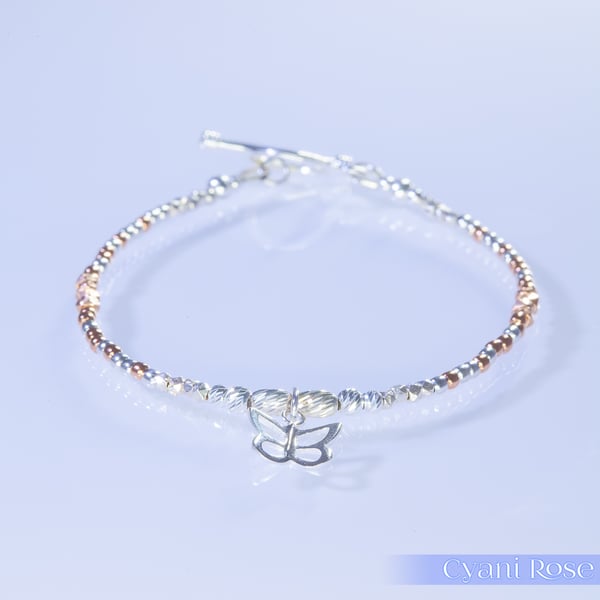 Butterfly sterling silver and rose gold unique bracelet 