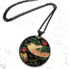 Autumn inspired Strawberry thief fabric button black plated pendant