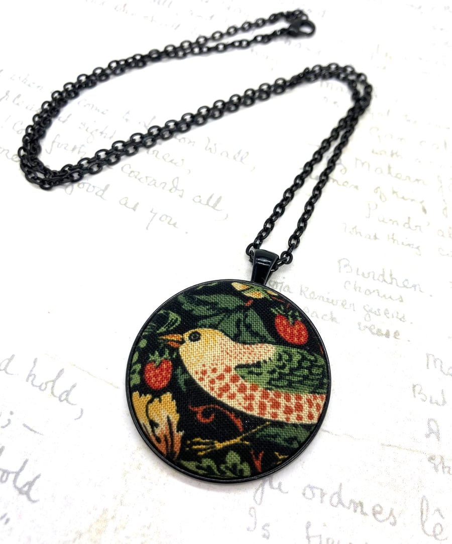 Autumn inspired Strawberry thief fabric button black plated pendant